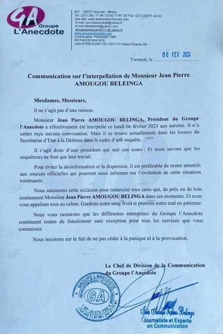Communiqué Amougou Belinga