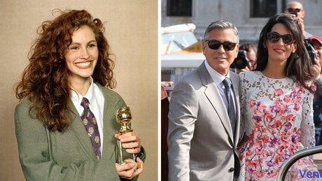 L'actrice Julia Roberts tient la statuette des Golden Globes remportée pour son rôle dans « Pretty Woman », dans les coulisses de la 47e cérémonie annuelle des Golden Globes à Los Angeles, en Californie, le 20 janvier 1990. Les jeunes mariés George Clooney et Amal Alamuddin à Venise, en Italie, le 28 septembre 2014.