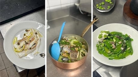 Salade d’aile de raie ; Merlu en sauce verte, palourdes ; Pois gourmands, Asperges vertes, fèves et breuil.