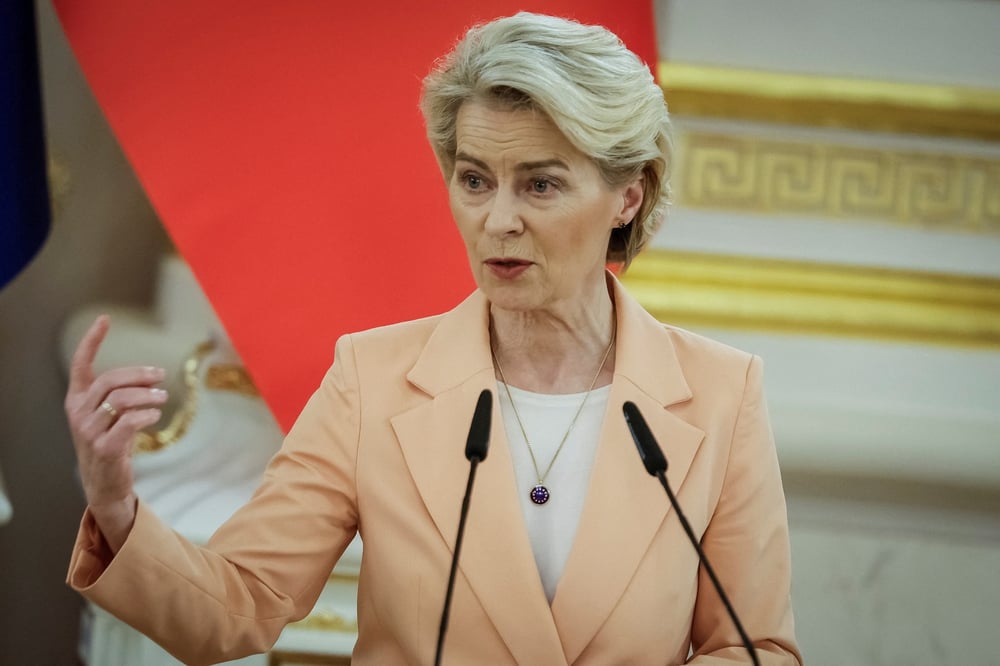 La presidente de la commission europeenne, ursula von der leyen, participe a une conference de presse conjointe avec le president ukrainien, volodymyr zelenskiy et les dirigeants de l'ue et du canada a kiev