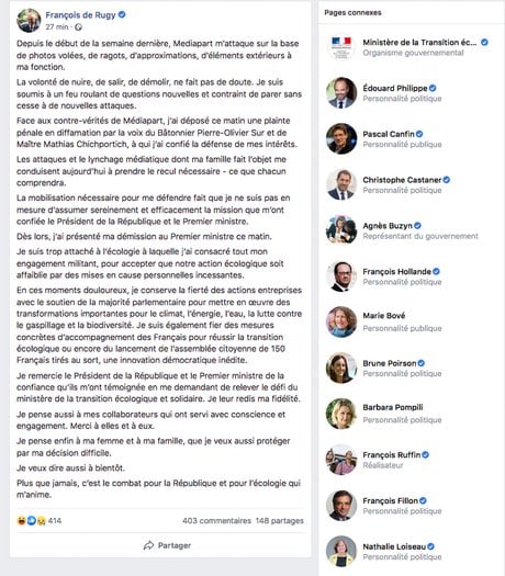 François de Rugy démission, communiqué, Facebook