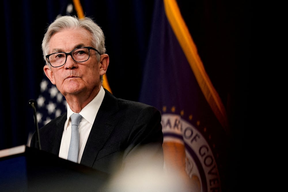 Le president de la reserve federale jerome powell lors d'une conference de presse a washington