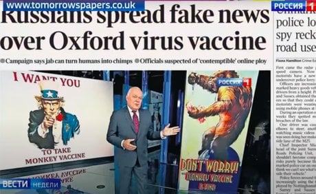 russia24, dimitri kiselev, Monkey Vaccine, fake news, caricature,