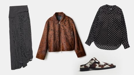 Veste en cuir, Mango, 359,99 euros. Chemise asymétrique, Comme des Garçons, 575 euros. Mules Gianna, Miista, 235 euros.