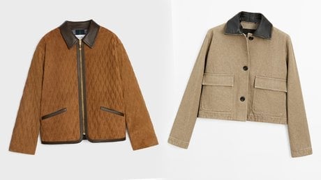 Veste matelassée, Celine, 4 900 euros. Veste avec col en cuir amovible, Massimo Dutti, 149 euros.