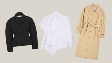 Veste ajustée à manches ballon, Dior, 3 900 euros. Chemise en popeline avec nœud, Givenchy, 1 700 euros. Trench Gaby beige pâte sablée, Patine, 450 euros.