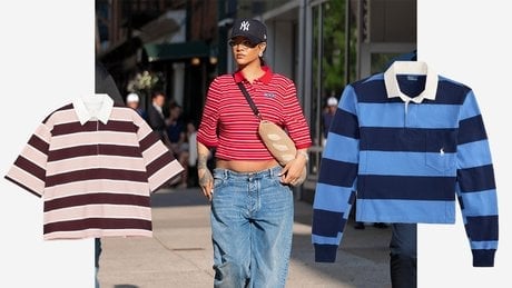 Polo à manches courtes, Arket, 59 euros. Rihanna porte un polo Martine Rose. Chemise de rugby, Polo Ralph Lauren, 185 euros.