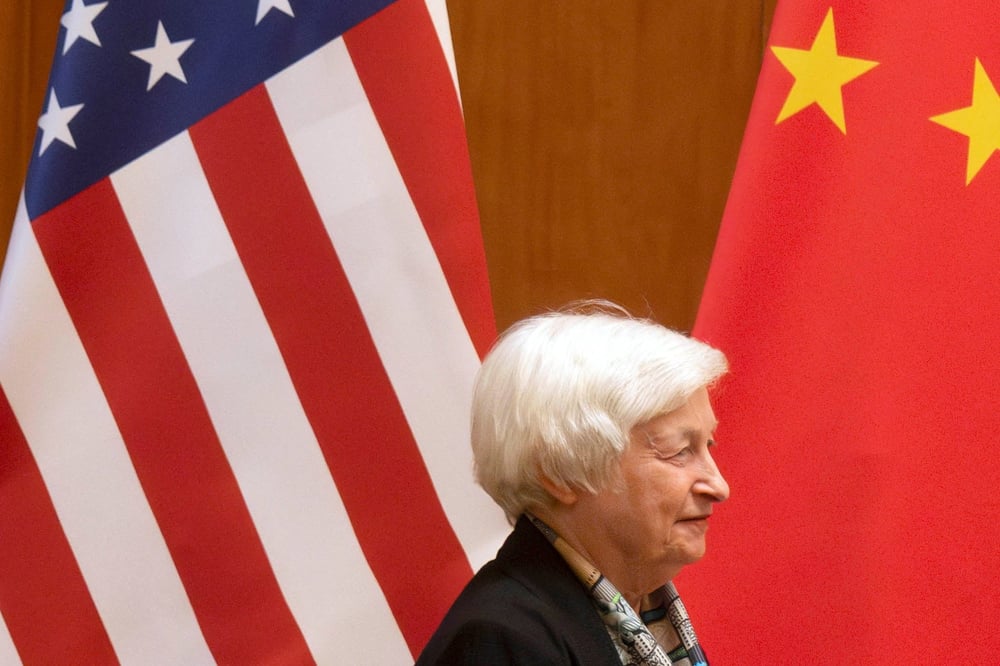 La secretaire americaine au tresor, janet yellen lors d'une reunion a la maison d'hotes d'etat diaoyutai a pekin, chine