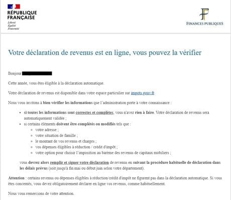 Extrait mail de la DGFI¨P - déclaration de revenus