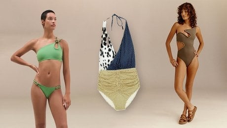 Bikini Elina, Hermès, 550 euros. Falcon, Roseanna, 180 euros. Snake River, Livy, 350 euros.
