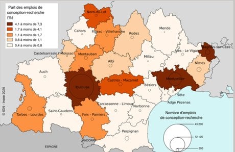 Part des emplois de conception-recherche dans les départements d'Occitanie (INSEE).