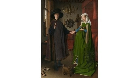 Jan van Eyck, « Le Portrait d'Arnolfini » (1434). Huile sur panneau de chêne, 82,2 × 60 cm (32,4 × 23,6 po).