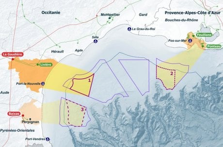 Zones retenues pour les mises en concurrence (1- retenue, 2- préférentielle, 3- optionnelle) des deux fermes commerciales d'éolien flottant en Méditerranée.