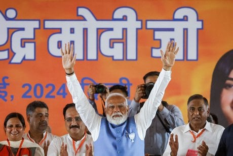 Le premier ministre indien narendra modi lors d'un meeting de campagne electorale, a new delhi