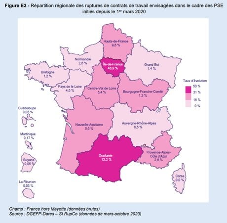 Répartition régionale des ruptures de contrats de travail envisagées dans le cadre des PSE initiés depuis le 1er mars 2020