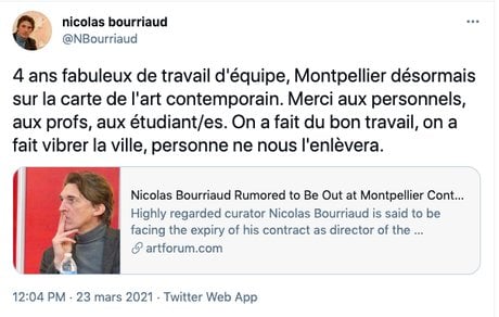Tweet de Nicolas Bourriaud sur le MOCO à Montpellier, le 23 mars 2021