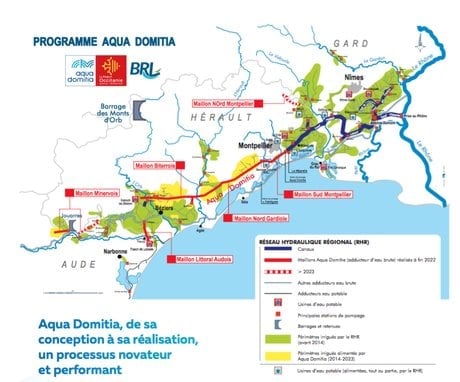 Carte du tracé du réseau d'eau Aqua Domitia.