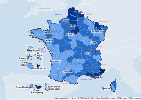 La carte des taux d'incidence du virus Covid-19