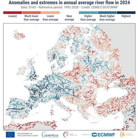 Anomalies et extrêmes du débit fluvial moyen annuel en 2024.