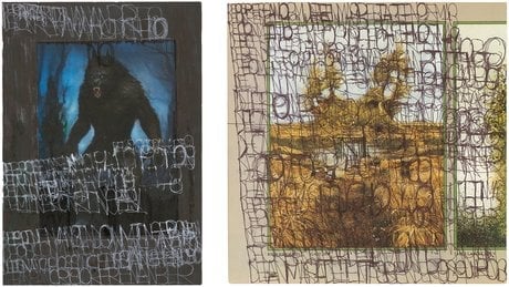 José Manuel Egea. sans titre, 2023. gouache et marqueur acrylique sur page de magazine collée sur papier, 40.5 x 29.7 cm. José Manuel Egea. sans titre, 2024. stylo à bille et marqueur acrylique sur page de livre, 30.5 x 30.5 cm.