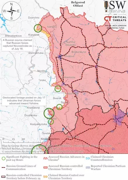 Situation du front nord-est dans la région des villes de Kupyansk et Lyman le 18 juillet 2023 à 15h