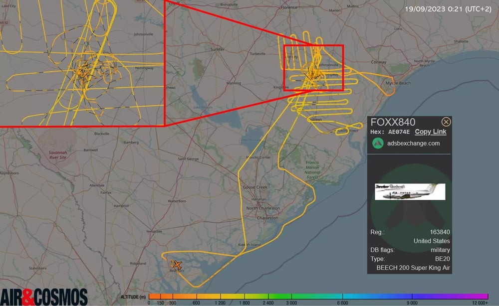 Tracé de vol du UC-12M Huron de l'US Navy et zone approximative de l'endroit du crash du F-35B.