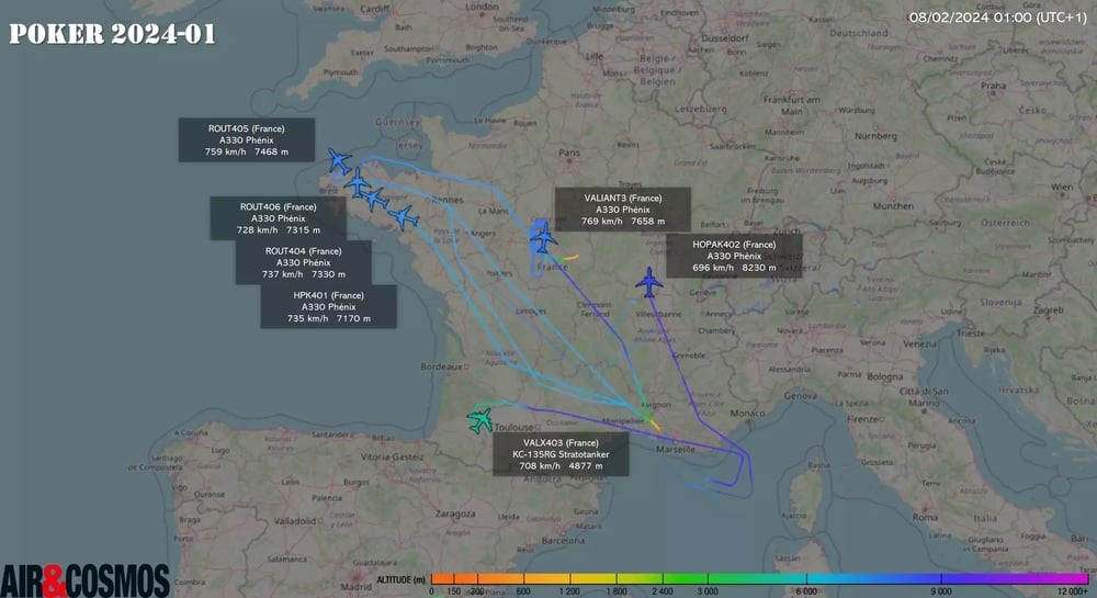 Avions visibles sur les sites de live tracking durant l'exercice Poker 2024-01.