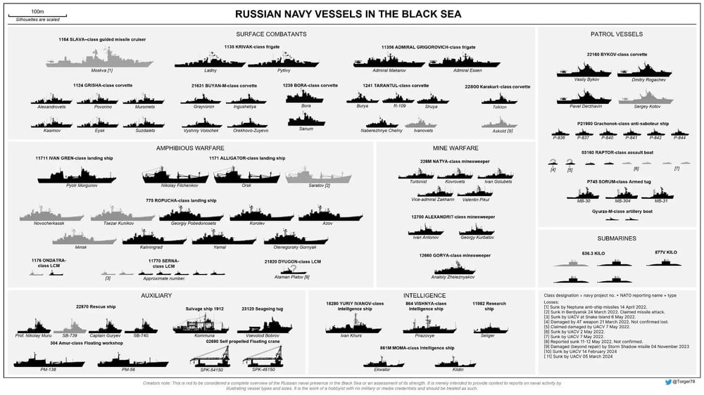 Navires en service au sein de la Flotte russe de la mer Noire (pertes confirmées au 5 mars 2024 grisées).