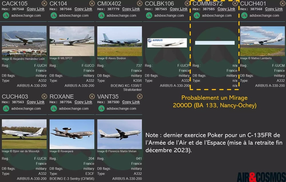 Avions visibles en live tracking et participant à l'exercice Poker 2023-4.