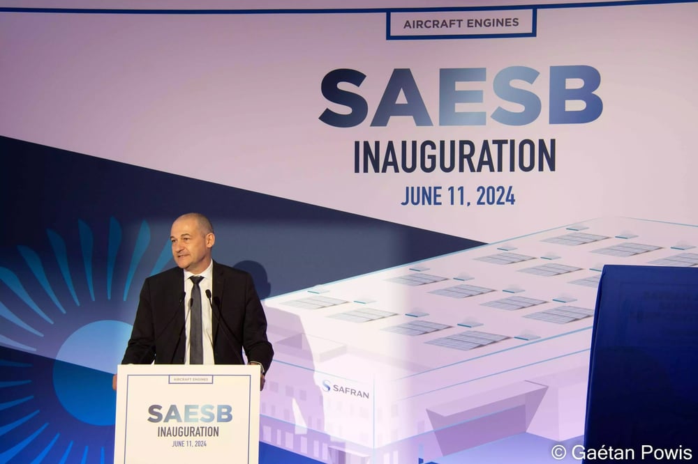 Jean-Paul Alary, CEO de Safran Aircraft Engines, durant l'inauguration du nouveau bâtiment de Safran Aircraft Engines Services Brussels (11 juin 2024).