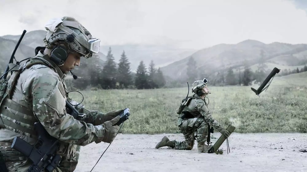 Représentation du lancement d'une munition rôdeuse Switchblade 300.