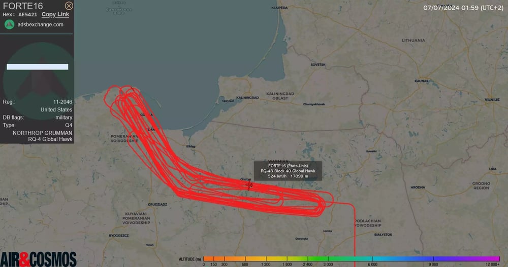 RQ-4B Block 40 Global Hawk effectuant une reconnaissance de Kaliningrad qui durera au total un peu plus de 18 heures.