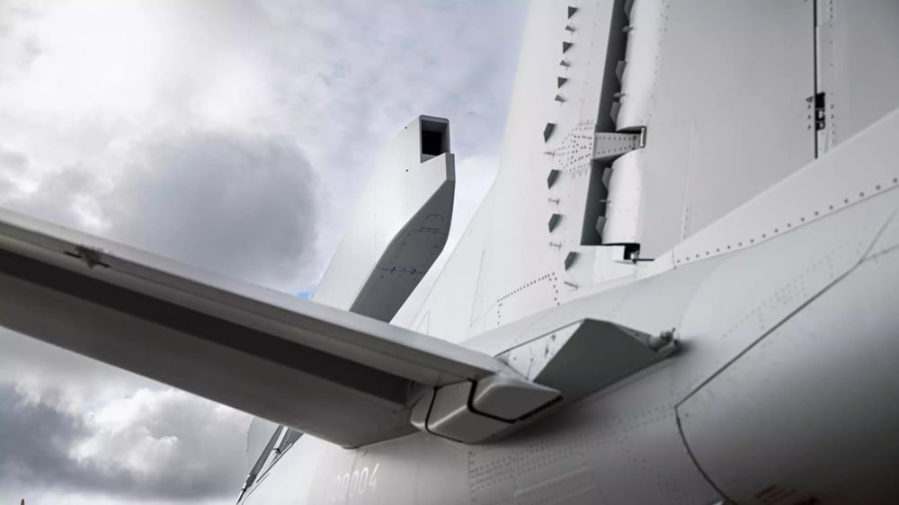 Vue arrière et rapprochée d'un avion AEW&C S100 D Argus suédois.