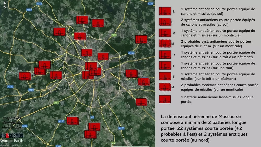 Défenses antiaériennes courte et longue portée autour de Moscou.