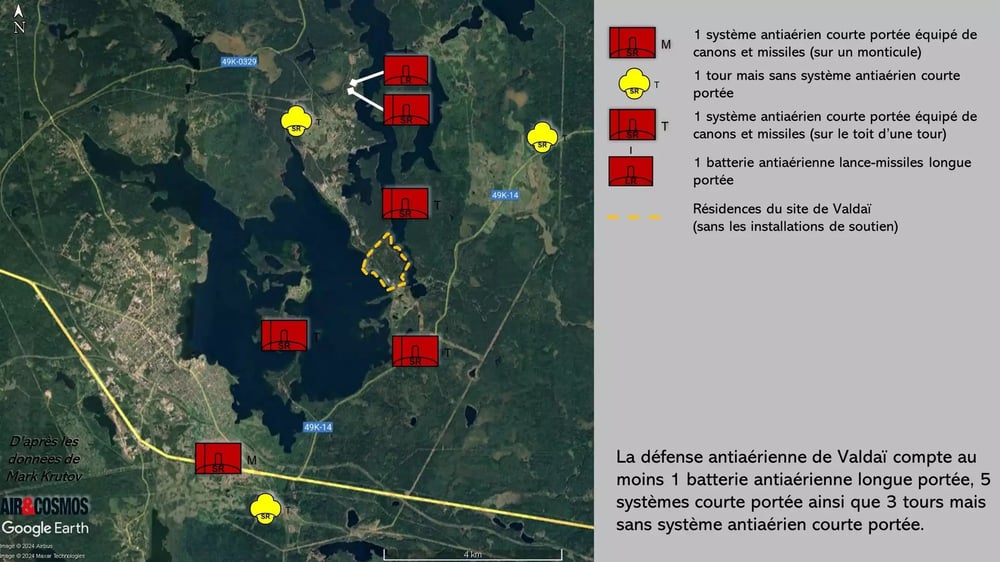 Au moins 5 systèmes antiaériens courte portée Pantsir (avec une possibilité de 3 supplémentaires) et une batterie antiaérienne longue portée sont visibles sur les images satellites du 6 mai 2024 du site de Valdaï.