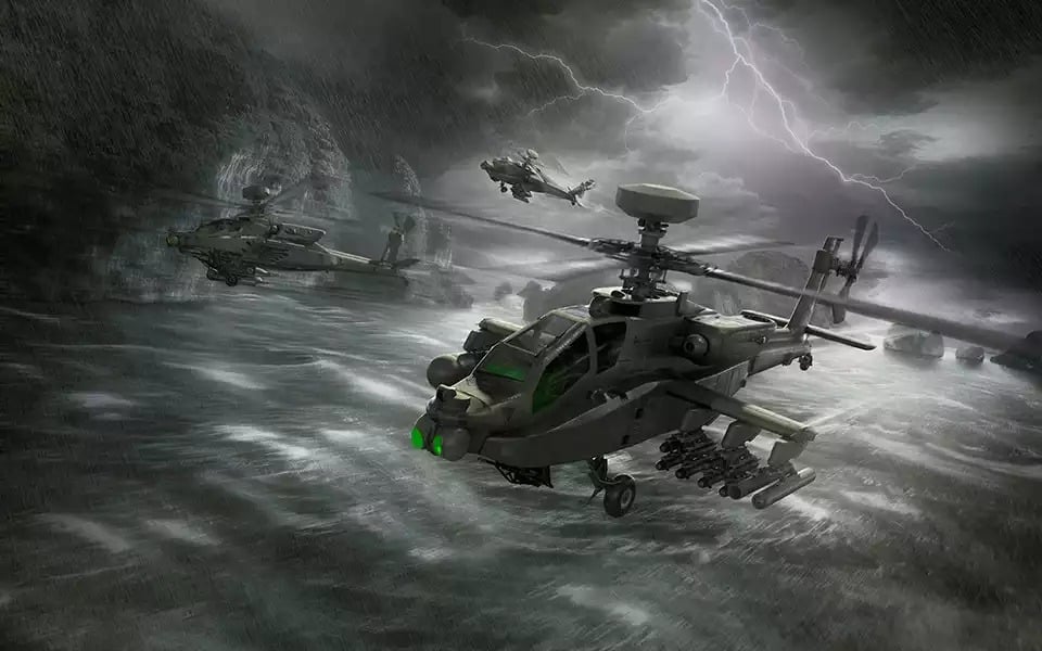 Représentation d'artiste de trois hélicoptères de comat AH-64E Apache Guardian lors d'un vol en très basse altitude.