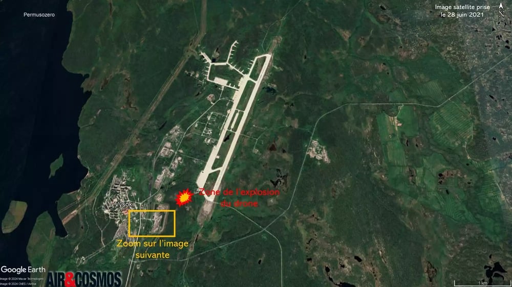 Vue globale, zone où la vidéo à été filmée et endroit où le drone a été détruit.
