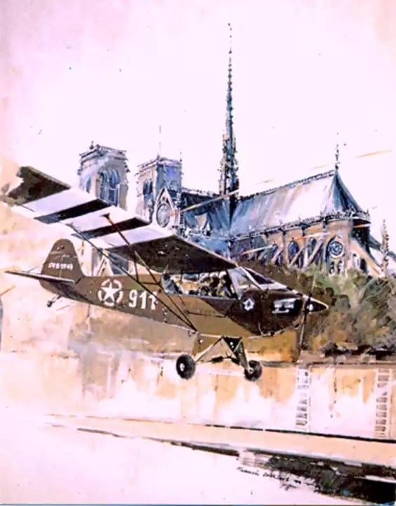 Peinture représentant le vol du 24 août 1944 du Piper Cub 911 de la 2ème DB sur Paris.