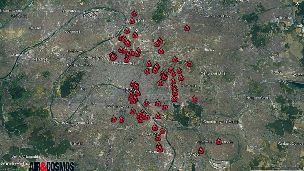 Zones bombardées par la Luftwaffe dans leur bombardement de Paris dans la nuit du 26 au 27 août 1944.