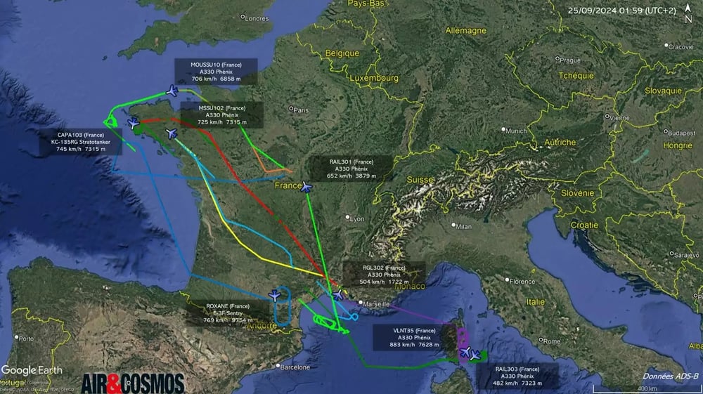Tracé des avions visibles sur les sites de live tracking durant l'opération Poker 2024-03 des Forces Aériennes Stratégiques (FAS).