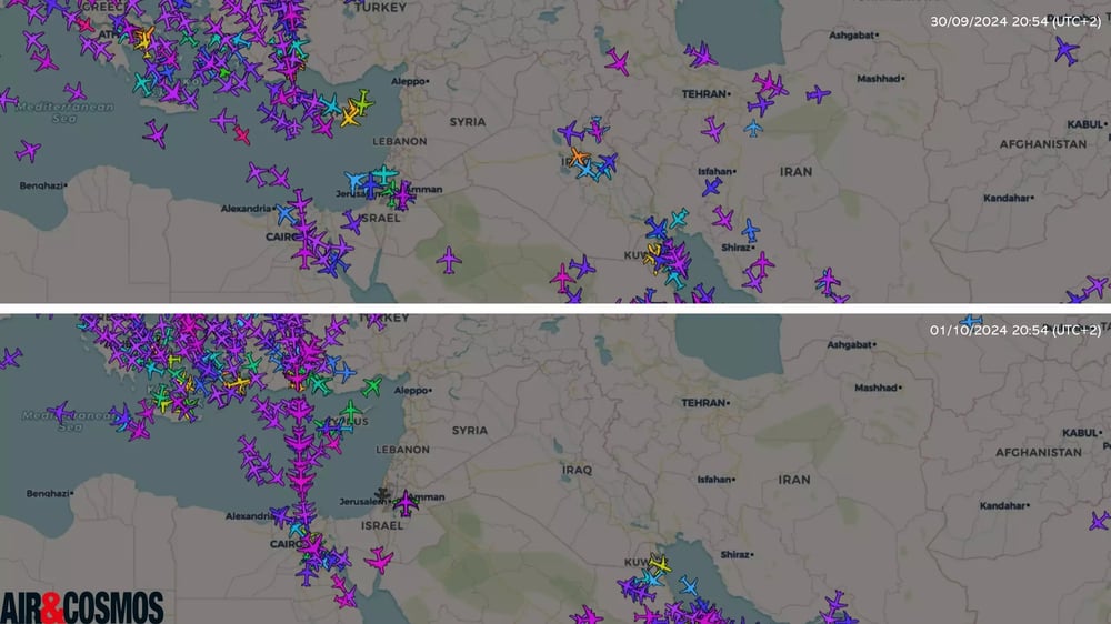 Différence entre les espaces aériens au Moyen-Orient entre le 30 septembre et le 1er octobre 2024.