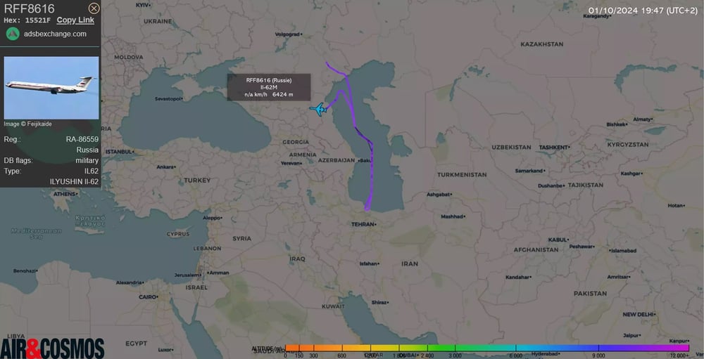 Avion de transport Il-62M Classic russe ayant fait demi-tour suite aux frappes de missiles balistiques iraniens sur Israël (1er octobe 2024).