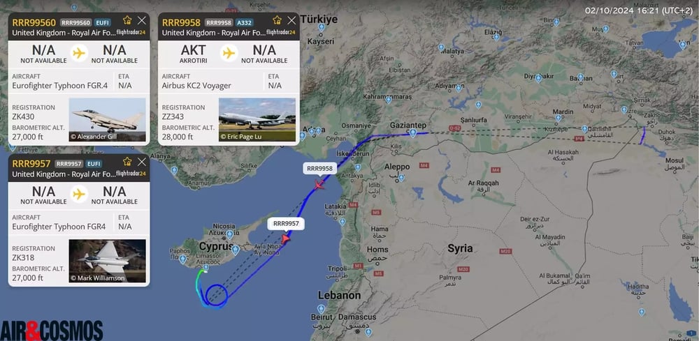 Vol de deux Typhoon et un Voyager (A330 MRTT) de la RAF sur le nord de l'Irak au lendemain des frappes iraniennes sur Israël.
