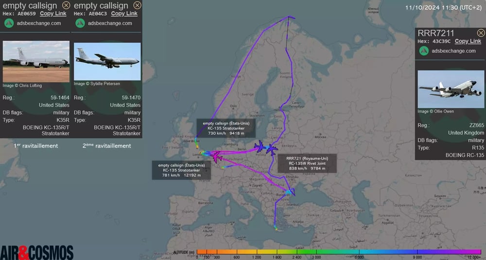 Deux ravitailleurs KC-135 Stratotanker de l'USAF ont dû ravitailler le RC-135W Rivet Joint anglais dans ce vol historique.