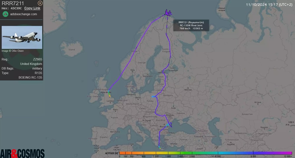 Après avoir longé toute la frontière Est de l'OTAN, cap retour pour ce RC-135W Rivet Joint de la RAF.