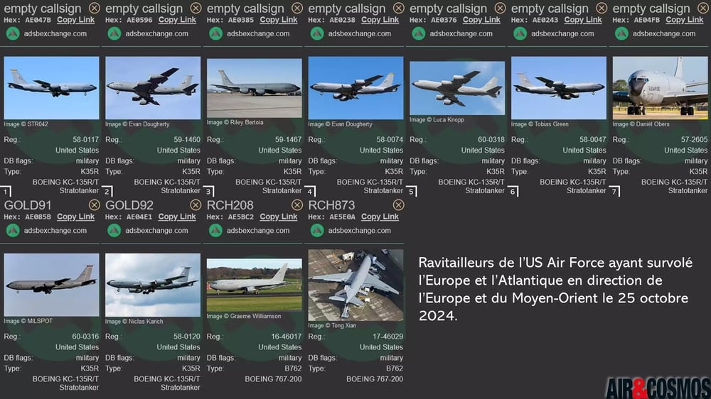 Liste des ravitailleurs américains ayant survolé l’océan Atlantique et l'Europe en direction de l'Europe et du Moyen-Orient le 25 octobre 2024.