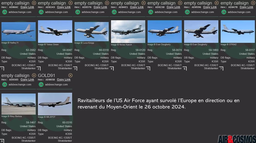 Liste des avions ravitailleurs de l’US Air Force ayant survolé l’Europe en direction ou en revenant du Moyen-Orient le 26 octobre 2024.