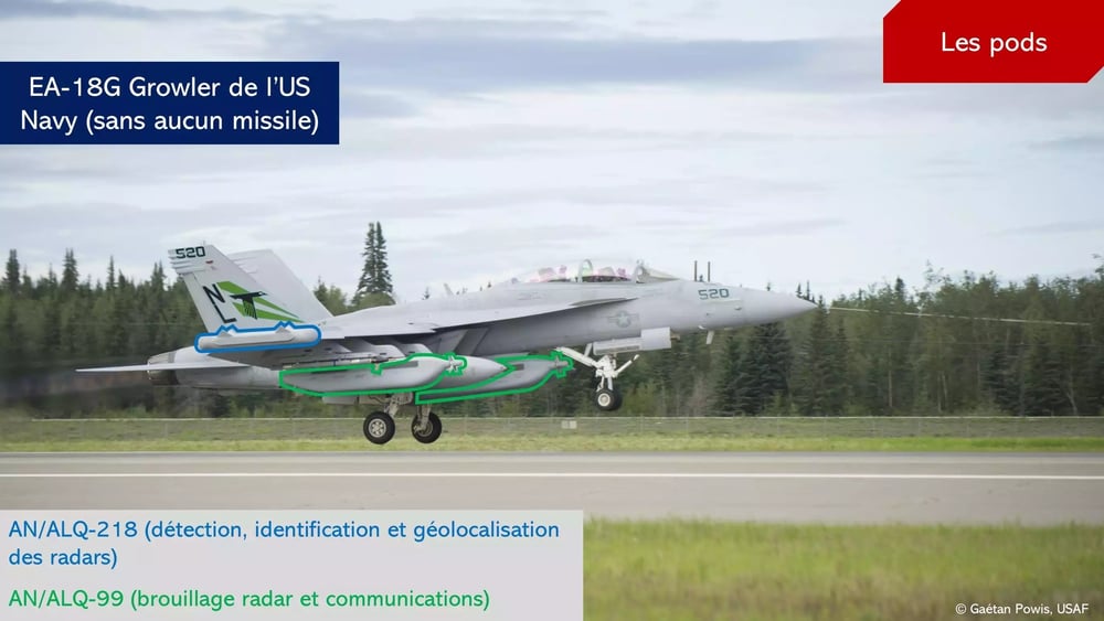 Identification des pods standards d'un EA-18G Growler de l'US Navy.