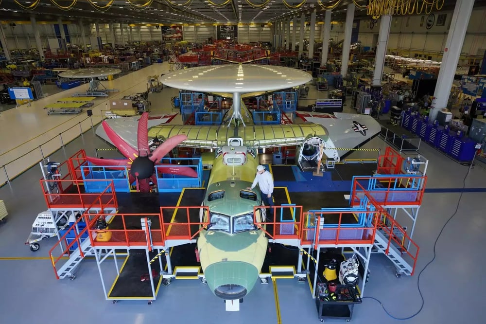 Ligne d'assemblage des E-2D Advanced Hawkeye de Northrop Grumman à St. Augustine (Floride, États-Unis), avec un E-2D de l'US Navy au premier plan.