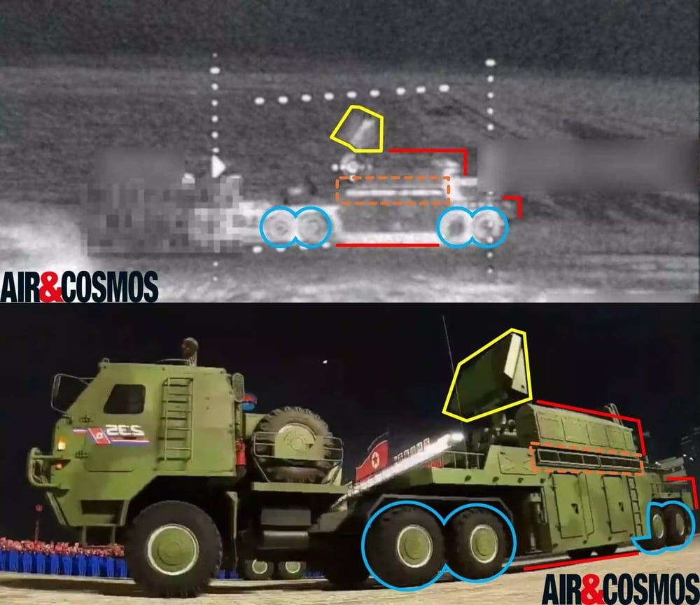 Comparaison entre un système Tor-M2 nord-coréen vu durant le conflit ukrainien et ce qui y ressemble fortement mais lors d'une parade militaire en Corée du Nord.